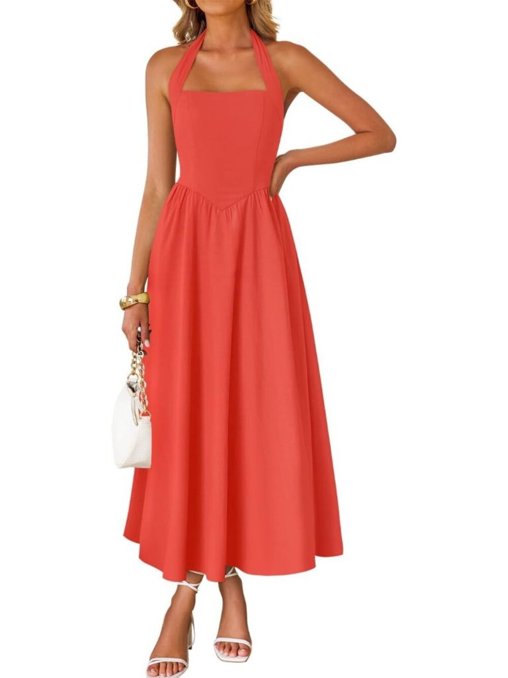 Women's Watermelonred Off Shoulder Sleeveless Halter Wedding Guest Maxi Dresses - Picture 1 of 6
